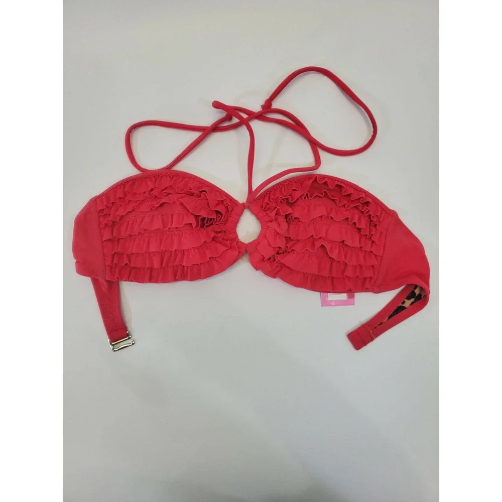 LOT OF 2 Exhilaration Swim Pink & Black‎ Ruffle Bikini Tops Swimsuit Top NEW